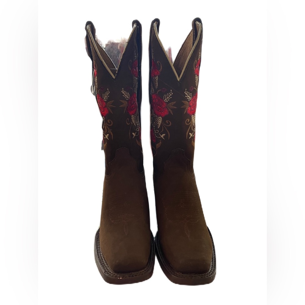 Western Boots Women’s Square Toe Brown Leather Red Rose